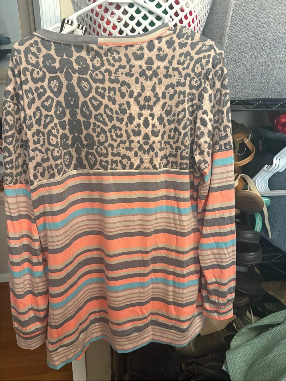 Ladies new Striped & Leopard Print Long Sleeve Pullover - Coral/Turquoise/Gray
